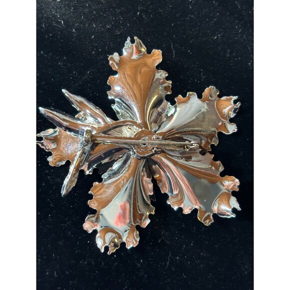 Vintage Silver-Tone Flower Brooch With Aurora Borealis Center Stone - Picture 2 of 9